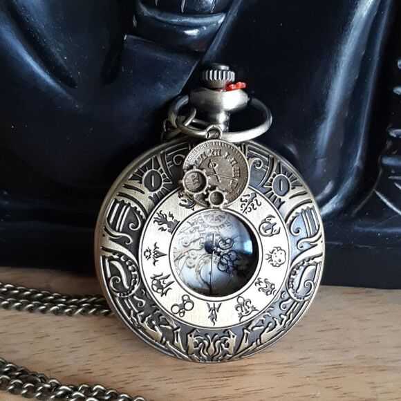 NWOT  Universal 12 constellations quartz copper pocket watch with matching chain - Picture 1 of 5